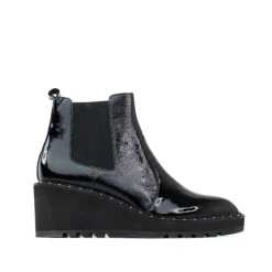 Cecelia New York-Gemma Slip On Low Wedge Boot Black Patent