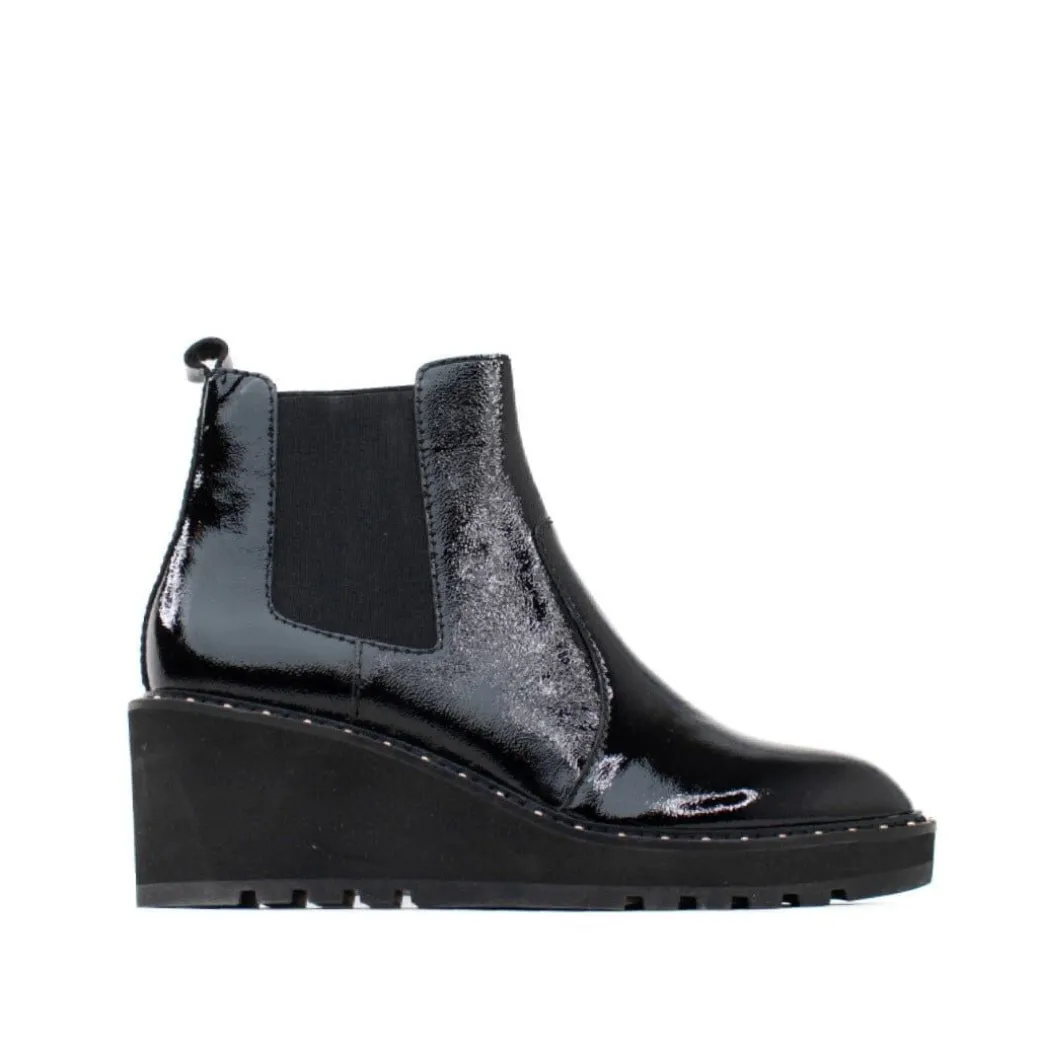 Cecelia New York-Gemma Slip On Low Wedge Boot Black Patent
