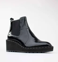 Cecelia New York-Gemma Slip On Low Wedge Boot Black Patent