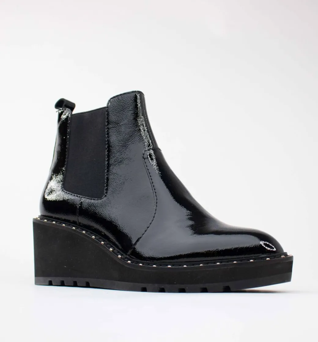 Cecelia New York-Gemma Slip On Low Wedge Boot Black Patent