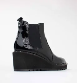 Cecelia New York-Gemma Slip On Low Wedge Boot Black Patent