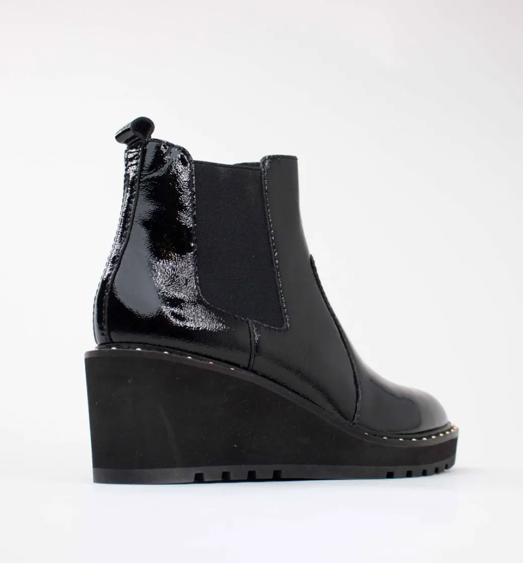 Cecelia New York-Gemma Slip On Low Wedge Boot Black Patent