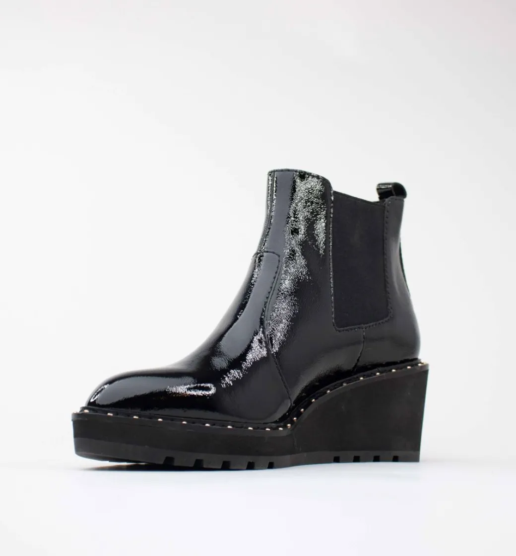 Cecelia New York-Gemma Slip On Low Wedge Boot Black Patent