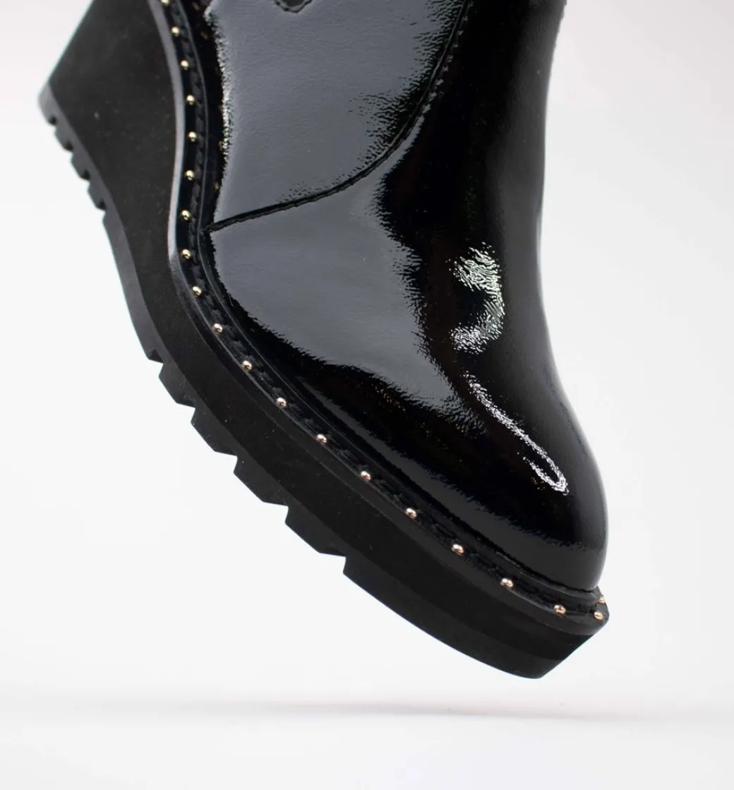 Cecelia New York-Gemma Slip On Low Wedge Boot Black Patent