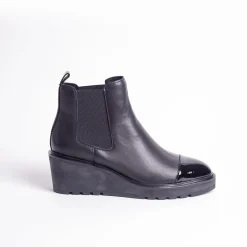 Cecelia New York-Gemmain Captoe Slip On Low Wedge Boot Black Leather
