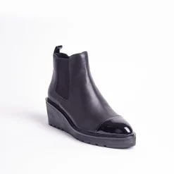 Cecelia New York-Gemmain Captoe Slip On Low Wedge Boot Black Leather